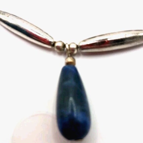 Vintage 17" Liquid Silver Double Layer Necklace Blue Stone - Picture 7 of 10
